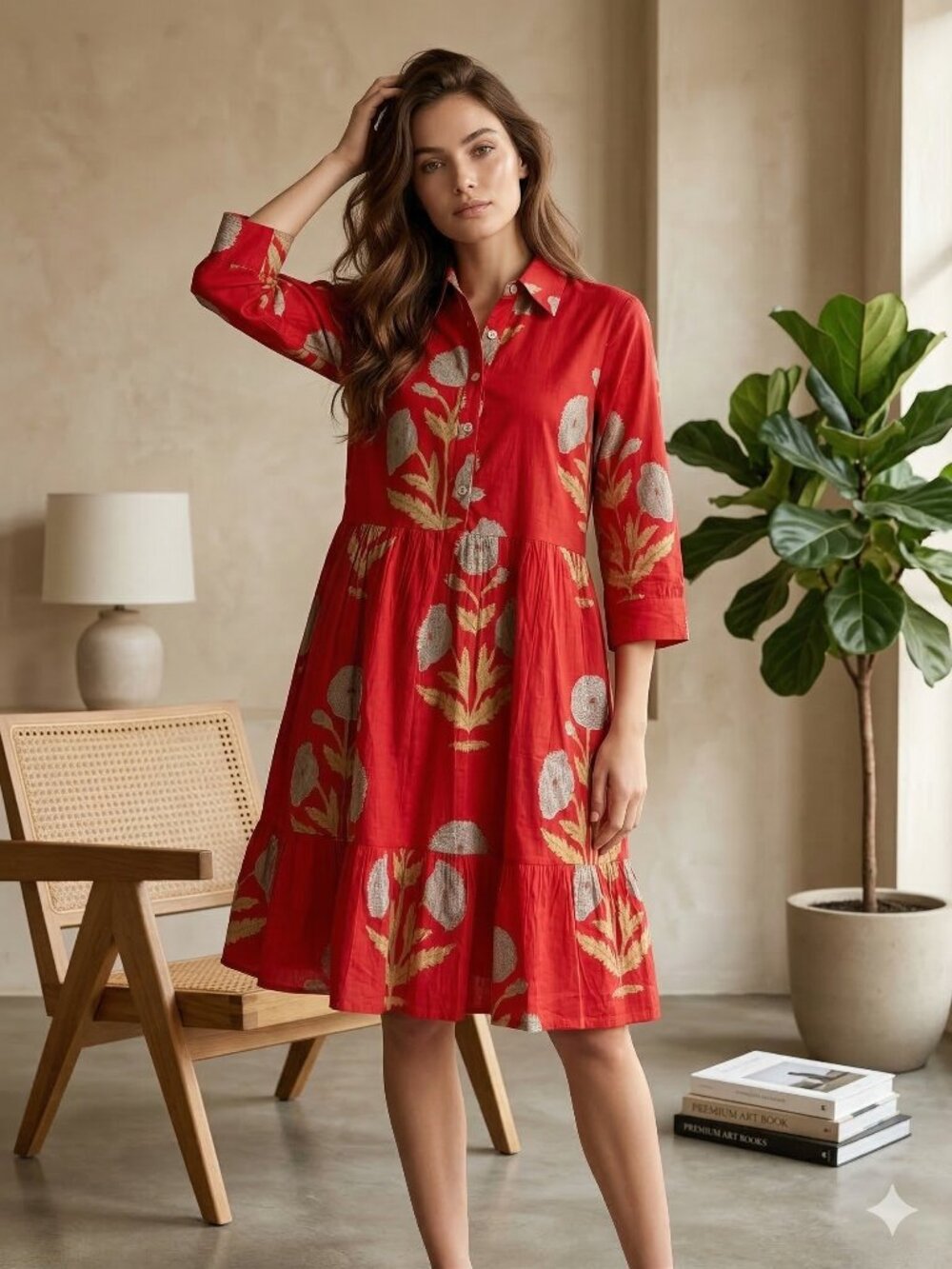Floral Print Mini Dress Hand Block Print Cotton Bohemian Style Midi For Women